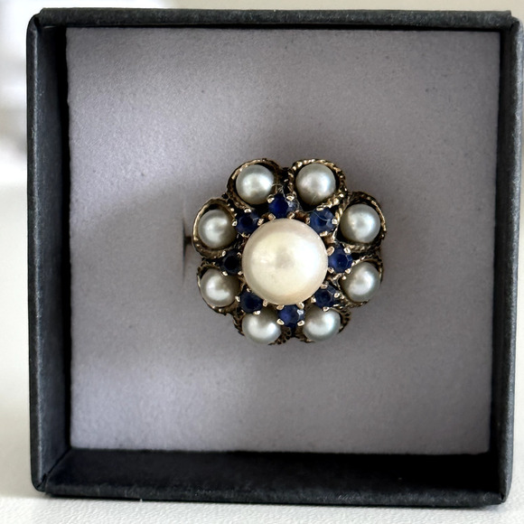 Vintage 14K Yellow Gold Pearl & Sapphire Ladies Statement Band Ring Size 5.75 - Picture 13 of 16